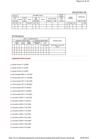 Legislação Referenciada
Ajuste Sinief nº 3/2008
Ajuste Sinief nº 6/2001
Ajuste Sinief nº 6/2007
Ato Cotepe/ICMS nº 15/1997
Comunicado CAT nº 13/2008
Comunicado CAT nº 20/1999
Comunicado CAT nº 29/2007
Comunicado CAT nº 6/2001
Comunicado CAT nº 6/2008
Comunicado CAT nº 67/2007
Convênio ICMS nº 132/1992
Convênio ICMS nº 35/2011
Convênio ICMS nº 37/1994
Convênio ICMS nº 52/1993
Convênio ICMS nº 74/1994
Convênio ICMS nº 76/1994
Convênio ICMS nº 81/1993
Convênio ICMS nº 83/2000
Convênio ICMS nº 85/1993
Convênio Sinief nº 6/1989
Página 43 de 46
28/05/2012http://www.iobonlineregulatorio.com.br/print/module/print.html?source=printLink
 