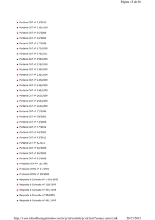 Portaria CAT nº 13/2010
Portaria CAT nº 155/2009
Portaria CAT nº 16/2008
Portaria CAT nº 16/2009
Portaria CAT nº 17/1999
Portaria CAT nº 170/2009
Portaria CAT nº 172/2011
Portaria CAT nº 198/2009
Portaria CAT nº 229/2009
Portaria CAT nº 232/2009
Portaria CAT nº 233/2009
Portaria CAT nº 240/2009
Portaria CAT nº 241/2009
Portaria CAT nº 242/2009
Portaria CAT nº 260/2009
Portaria CAT nº 263/2009
Portaria CAT nº 266/2009
Portaria CAT nº 32/1996
Portaria CAT nº 38/2002
Portaria CAT nº 44/2008
Portaria CAT nº 47/2012
Portaria CAT nº 48/2002
Portaria CAT nº 53/2012
Portaria CAT nº 6/2012
Portaria CAT nº 86/2008
Portaria CAT nº 86/2009
Portaria CAT nº 92/1998
Protocolo ICM nº 11/1985
Protocolo ICMS nº 11/1991
Protocolo ICMS nº 20/2005
Resposta à Consulta nº 1.004/1997
Resposta à Consulta nº 218/1997
Resposta à Consulta nº 394/1998
Resposta à Consulta nº 80/2009
Resposta à Consulta nº 981/1997
Página 45 de 46
28/05/2012http://www.iobonlineregulatorio.com.br/print/module/print.html?source=printLink
 
