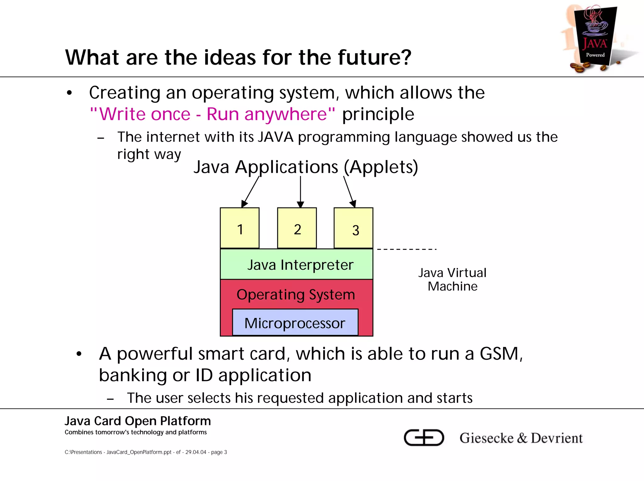 What are the ideas for the future?
• Creating an operating system, which allows the
  "Write once - Run anywhere" principle
             – The internet with its JAVA programming language showed us the
               right way
                                                      Java Applications (Applets)


                                                                        1         2        3

                                                                            Java Interpreter
                                                                                               Java Virtual
                                                                                                 Machine
                                                                        Operating System

                                                                         Microprocessor

    • A powerful smart card, which is able to run a GSM,
      banking or ID application
                 – The user selects his requested application and starts
Java Card Open Platform
Combines tomorrow's technology and platforms


C:Presentations - JavaCard_OpenPlatform.ppt - ef - 29.04.04 - page 3
 