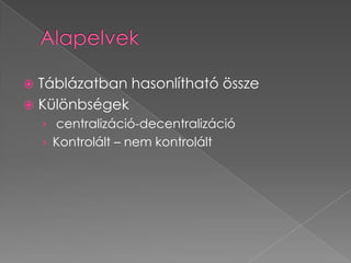AlapelvekTáblázatban hasonlítható összeKülönbségek centralizáció-decentralizációKontrolált – nem kontrolált