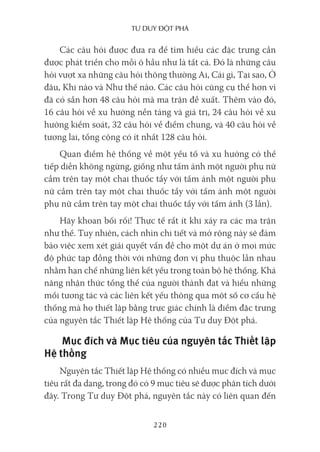 Tư duy ĐộT phá
220
Các câu hỏi được đưa ra để tìm hiểu các đặc trưng cần
được phát triển cho mỗi ô hầu như là tất cả. Đó là những câu
hỏi vượt xa những câu hỏi thông thường Ai, Cái gì, Tại sao, Ở
đâu, Khi nào và Như thế nào. Các câu hỏi cũng cụ thể hơn vì
đã có sẵn hơn 48 câu hỏi mà ma trận đề xuất. Thêm vào đó,
16 câu hỏi về xu hướng nền tảng và giá trị, 24 câu hỏi về xu
hướng kiểm soát, 32 câu hỏi về điểm chung, và 40 câu hỏi về
tương lai, tổng cộng có ít nhất 128 câu hỏi.
Quan điểm hệ thống về một yếu tố và xu hướng có thể
tiếp diễn không ngừng, giống như tấm ảnh một người phụ nữ
cầm trên tay một chai thuốc tẩy với tấm ảnh một người phụ
nữ cầm trên tay một chai thuốc tẩy với tấm ảnh một người
phụ nữ cầm trên tay một chai thuốc tẩy với tấm ảnh (3 lần).
Hãy khoan bối rối! Thực tế rất ít khi xảy ra các ma trận
như thế. Tuy nhiên, cách nhìn chi tiết và mở rộng này sẽ đảm
bảo việc xem xét giải quyết vấn đề cho một dự án ở mọi mức
độ phức tạp đồng thời với những đơn vị phụ thuộc lẫn nhau
nhằm hạn chế những liên kết yếu trong toàn bộ hệ thống. Khả
năng nhận thức tổng thể của người thành đạt và hiểu những
mối tương tác và các liên kết yếu thông qua một số cơ cấu hệ
thống mà họ thiết lập bằng trực giác chính là điểm đặc trưng
của nguyên tắc Thiết lập Hệ thống của Tư duy Đột phá.
Mục đích và Mục tiêu của nguyên tắc Thiết lập
Hệ thống
Nguyên tắc Thiết lập Hệ thống có nhiều mục đích và mục
tiêu rất đa dạng, trong đó có 9 mục tiêu sẽ được phân tích dưới
đây. Trong Tư duy Đột phá, nguyên tắc này có liên quan đến
 