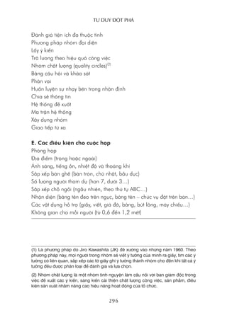 Tư duy ĐộT phá
296
Đánh giá tiện ích đa thuộc tính
Phương pháp nhóm đại diện
Lấy ý kiến
Trả lương theo hiệu quả công việc
Nhóm chất lượng (quality circles)(2)
Bảng câu hỏi và khảo sát
Phân vai
Huấn luyện sự nhạy bén trong nhận định
Chia sẻ thông tin
Hệ thống đề xuất
Ma trận hệ thống
Xây dựng nhóm
Giao tiếp từ xa
E. Các điều kiện cho cuộc họp
Phòng họp
Địa điểm (trong hoặc ngoài)
Ánh sáng, tiếng ồn, nhiệt độ và thoáng khí
Sắp xếp bàn ghế (bàn tròn, chữ nhật, bầu dục)
Số lượng người tham dự (hơn 7, dưới 3…)
Sắp xếp chỗ ngồi (ngẫu nhiên, theo thứ tự ABC…)
Nhận diện (bảng tên đeo trên ngực, bảng tên – chức vụ đặt trên bàn…)
Các vật dụng hỗ trợ (giấy, viết, giá đỡ, bảng, bút lông, máy chiếu…)
Không gian cho mỗi người (từ 0,6 đến 1,2 mét)
(1) là phương pháp do Jiro Kawashita (JK) đề xướng vào những năm 1960. Theo
phương pháp này, mọi người trong nhóm sẽ viết ý tưởng của mình ra giấy, tìm các ý
tưởng có liên quan, sắp xếp các tờ giấy ghi ý tưởng thành nhóm cho đến khi tất cả ý
tưởng đều được phân loại để đánh giá và lựa chọn.
(2) Nhóm chất lượng là một nhóm tình nguyện làm cầu nối với ban giám đốc trong
việc đề xuất các ý kiến, sáng kiến cải thiện chất lượng công việc, sản phẩm, điều
kiện sản xuất nhằm nâng cao hiệu năng hoạt động của tổ chức.
 