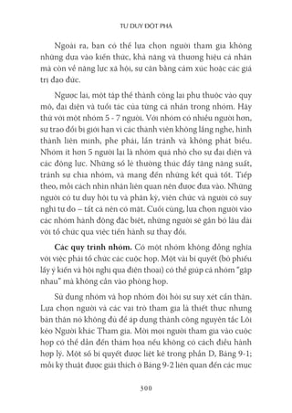 Tư duy ĐộT phá
300
Ngoài ra, bạn có thể lựa chọn người tham gia không
những dựa vào kiến thức, khả năng và thương hiệu cá nhân
mà còn về năng lực xã hội, sự cân bằng cảm xúc hoặc các giá
trị đạo đức.
Ngược lại, một tập thể thành công lại phụ thuộc vào quy
mô, đại diện và tuổi tác của từng cá nhân trong nhóm. Hãy
thử với một nhóm 5 - 7 người. Với nhóm có nhiều người hơn,
sự trao đổi bị giới hạn vì các thành viên không lắng nghe, hình
thành liên minh, phe phái, lẩn tránh và không phát biểu.
Nhóm ít hơn 5 người lại là nhóm quá nhỏ cho sự đại diện và
các động lực. Những số lẻ thường thúc đẩy tăng năng suất,
tránh sự chia nhóm, và mang đến những kết quả tốt. Tiếp
theo, mỗi cách nhìn nhận liên quan nên được đưa vào. Những
người có tư duy hội tụ và phân kỳ, viên chức và người có suy
nghĩ tự do – tất cả nên có mặt. Cuối cùng, lựa chọn người vào
các nhóm hành động đặc biệt, những người sẽ gắn bó lâu dài
với tổ chức qua việc tiến hành sự thay đổi.
Các quy trình nhóm. Có một nhóm không đồng nghĩa
với việc phải tổ chức các cuộc họp. Một vài bí quyết (bỏ phiếu
lấy ý kiến và hội nghị qua điện thoại) có thể giúp cả nhóm “gặp
nhau” mà không cần vào phòng họp.
Sử dụng nhóm và họp nhóm đòi hỏi sự suy xét cẩn thận.
Lựa chọn người và các vai trò tham gia là thiết thực nhưng
bản thân nó không đủ để áp dụng thành công nguyên tắc Lôi
kéo Người khác Tham gia. Mời mọi người tham gia vào cuộc
họp có thể dẫn đến thảm họa nếu không có cách điều hành
hợp lý. Một số bí quyết được liệt kê trong phần D, Bảng 9-1;
mỗi kỹ thuật được giải thích ở Bảng 9-2 liên quan đến các mục
 