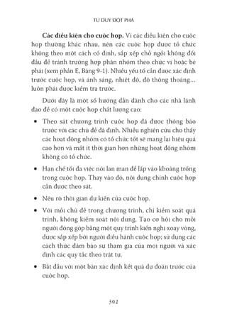 Tư duy ĐộT phá
302
Các điều kiện cho cuộc họp. Vì các điều kiện cho cuộc
họp thường khác nhau, nên các cuộc họp được tổ chức
không theo một cách cố định, sắp xếp chỗ ngồi không đối
đầu để tránh trường hợp phân nhóm theo chức vị hoặc bè
phái (xem phần E, Bảng 9-1). Nhiều yếu tố cần được xác định
trước cuộc họp, và ánh sáng, nhiệt độ, độ thông thoáng…
luôn phải được kiểm tra trước.
Dưới đây là một số hướng dẫn dành cho các nhà lãnh
đạo để có một cuộc họp chất lượng cao:
• Theo sát chương trình cuộc họp đã được thông báo
trước với các chủ đề đã định. Nhiều nghiên cứu cho thấy
các hoạt động nhóm có tổ chức tốt sẽ mang lại hiệu quả
cao hơn và mất ít thời gian hơn những hoạt động nhóm
không có tổ chức.
• Hạn chế tối đa việc nói lan man để lấp vào khoảng trống
trong cuộc họp. Thay vào đó, nội dung chính cuộc họp
cần được theo sát.
• Nêu rõ thời gian dự kiến của cuộc họp.
• Với mỗi chủ đề trong chương trình, chỉ kiểm soát quá
trình, không kiểm soát nội dung. Tạo cơ hội cho mỗi
người đóng góp bằng một quy trình kiến nghị xoay vòng,
được sắp xếp bởi người điều hành cuộc họp; sử dụng các
cách thức đảm bảo sự tham gia của mọi người và xác
định các quy tắc theo trật tự.
• Bắt đầu với một bản xác định kết quả dự đoán trước của
cuộc họp.
 