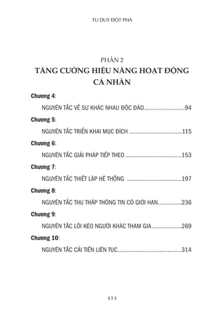 Tư duy ĐộT phá
414
PHẦN 2
TăNG CƯỜNG HIệU NăNG HOẠT độNG
Cá NHâN
Chương 4:
NgUYêN TắC Về sự kHáC NHaU đỘC đáo..........................94
Chương 5:
NgUYêN TắC TriểN kHai MụC đíCH ..................................115
Chương 6:
NgUYêN TắC giải pHáp Tiếp THeo ....................................153
Chương 7:
NgUYêN TắC THiếT lập Hệ THốNg ...................................197
Chương 8:
NgUYêN TắC THU THập THôNg TiN Có giới HẠN...............236
Chương 9:
NgUYêN TắC lôi kéo Người kHáC THaM gia...................269
Chương 10:
NgUYêN TắC Cải TiếN liêN TụC.........................................314
 