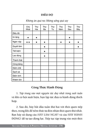 ĐIỀU ĐỘ

             Không ăn quá no; không uống quá say

             Chủ      Thứ    Thứ    Thứ     Thứ    Thứ   Thứ
             Nhật     Hai    Ba     Tư      Năm    Sáu   Bảy
Điều độ
Im lặng       •       •                            •
Ngăn nắp     ••       •       •              •     •     •
Quyết tâm                     •                          •
Tiết kiệm                     •
Lao động                      •
Thành thật
Công bằng
Kiềm chế
Sạch sẽ
Điềm tĩnh
Khiêm tốn


                    Công thức hành động
    1. Tập trung vào một nguyên tắc duy nhất trong suốt tuần
và khi cơ hội xuất hiện, bạn lập tức đưa ra hành động thích
hợp.

   2. Sau đó, hãy bắt đầu tuần thứ hai với thói quen tiếp
theo, trong khi để tiềm thức tự đón nhận thói quen thứ nhất.
Bạn hãy sử dụng câu HÃY LÀM NGAY! và câu HÃY HÀNH
ĐỘNG! để tự tạo động lực. Tiếp tục tập trung vào một thói

Success Through A Positive Mental Attitude - 178
 