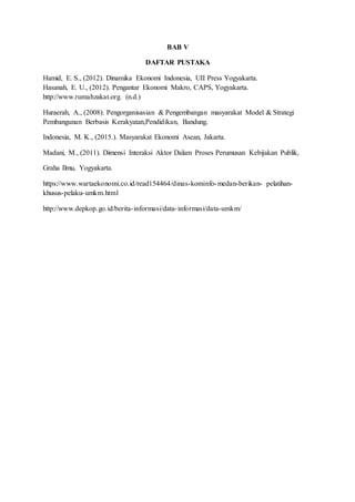 BAB V
DAFTAR PUSTAKA
Hamid, E. S., (2012). Dinamika Ekonomi Indonesia, UII Press Yogyakarta.
Hasanah, E. U., (2012). Pengantar Ekonomi Makro, CAPS, Yogyakarta.
http://www.rumahzakat.org. (n.d.)
Huraerah, A., (2008). Pengorganisasian & Pengembangan masyarakat Model & Strategi
Pembangunan Berbasis Kerakyatan,Pendidikan, Bandung.
Indonesia, M. K., (2015.). Masyarakat Ekonomi Asean, Jakarta.
Madani, M., (2011). Dimensi Interaksi Aktor Dalam Proses Perumusan Kebijakan Publik,
Graha Ilmu, Yogyakarta.
https://www.wartaekonomi.co.id/read154464/dinas-kominfo-medan-berikan- pelatihan-
khusus-pelaku-umkm.html
http://www.depkop.go.id/berita-informasi/data-informasi/data-umkm/
 