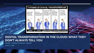 DIGITAL TRANSFORMATION IN THE CLOUD: WHAT THEY
DON’T ALWAYS TELL YOU
ITCAMP – ONLINE COMMUNITY MEETUP
JULY 9TH, 2020
 