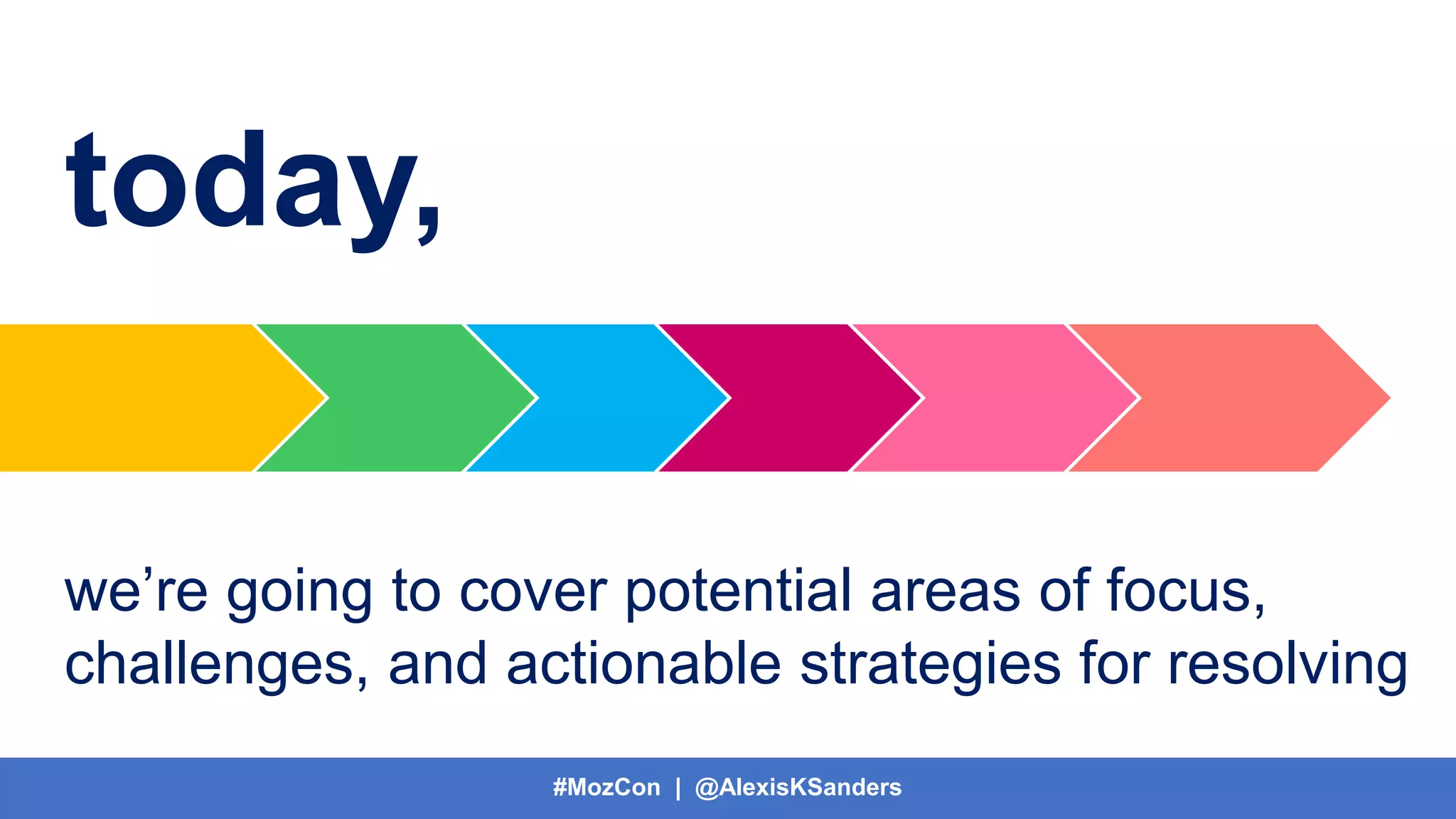 #MozCon | @AlexisKSanders
today,
we’re going to cover potential areas of focus,
challenges, and actionable strategies for resolving
 