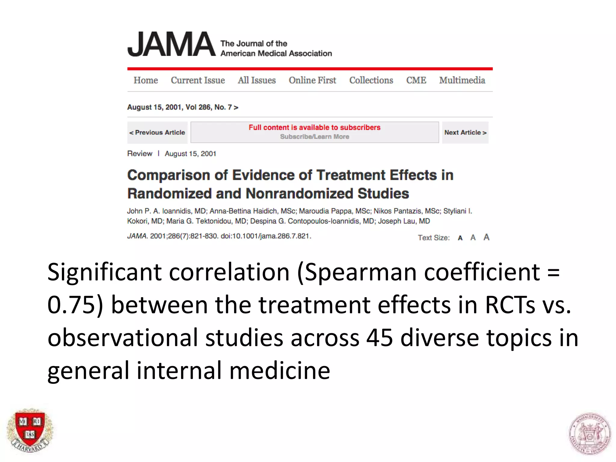 Significant correlation (Spearman coefficient =
0.75) between the treatment effects in RCTs vs.
observational studies across 45 diverse topics in
general internal medicine
 