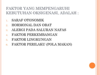 FAKTOR YANG MEMPENGARUHI
KEBUTUHAN OKSIGENASI, ADALAH :
1. SARAF OTONOMIK
2. HORMONAL DAN OBAT
3. ALERGI PADA SALURAN NAFAS
4. FAKTOR PERKEMBANGAN
5. FAKTOR LINGKUNGAN
6. FAKTOR PERILAKU (POLA MAKAN)
 