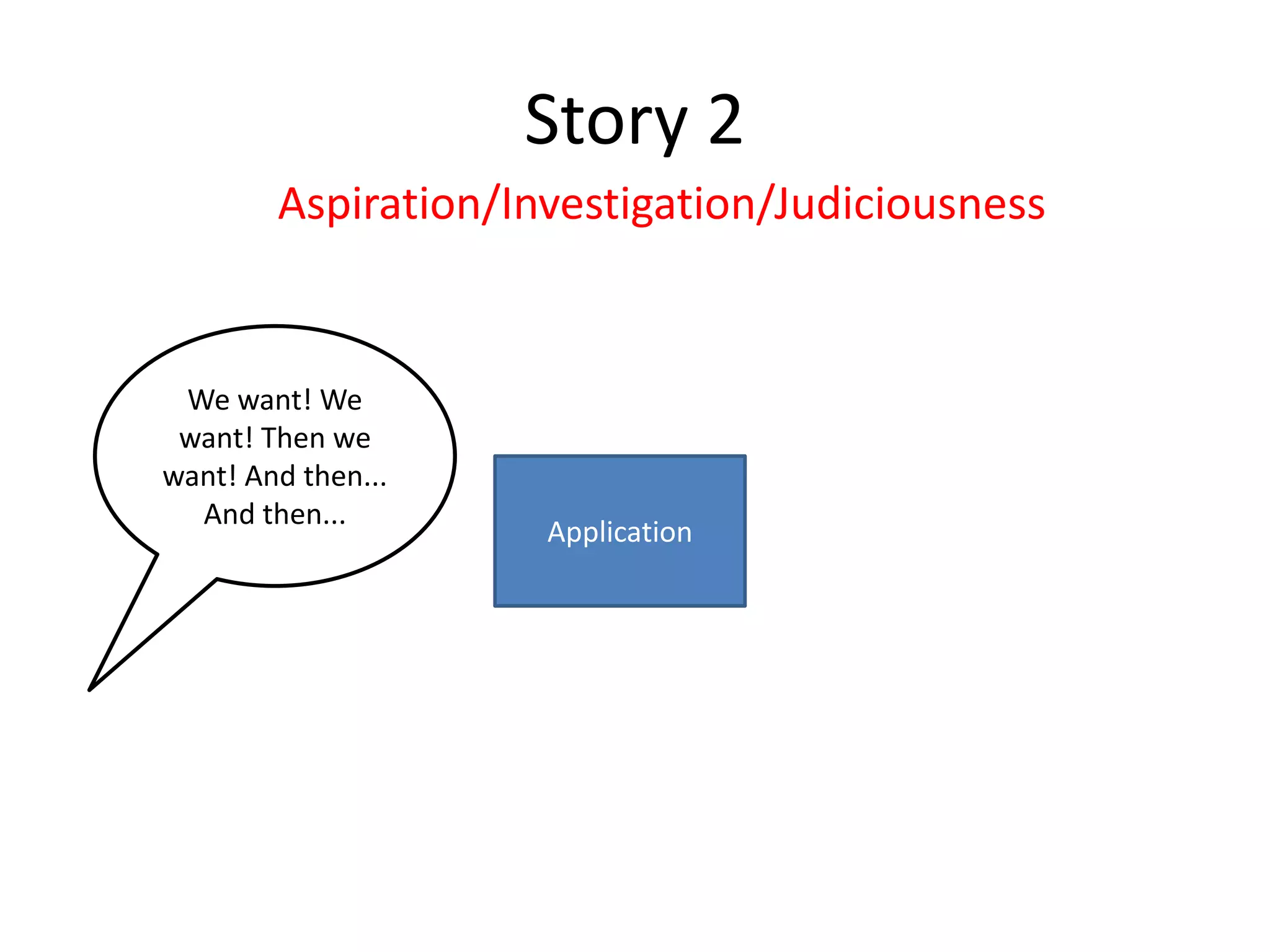 Story 2
Aspiration/Investigation/Judiciousness

We want! We
want! Then we
want! And then...
And then...

Application

 