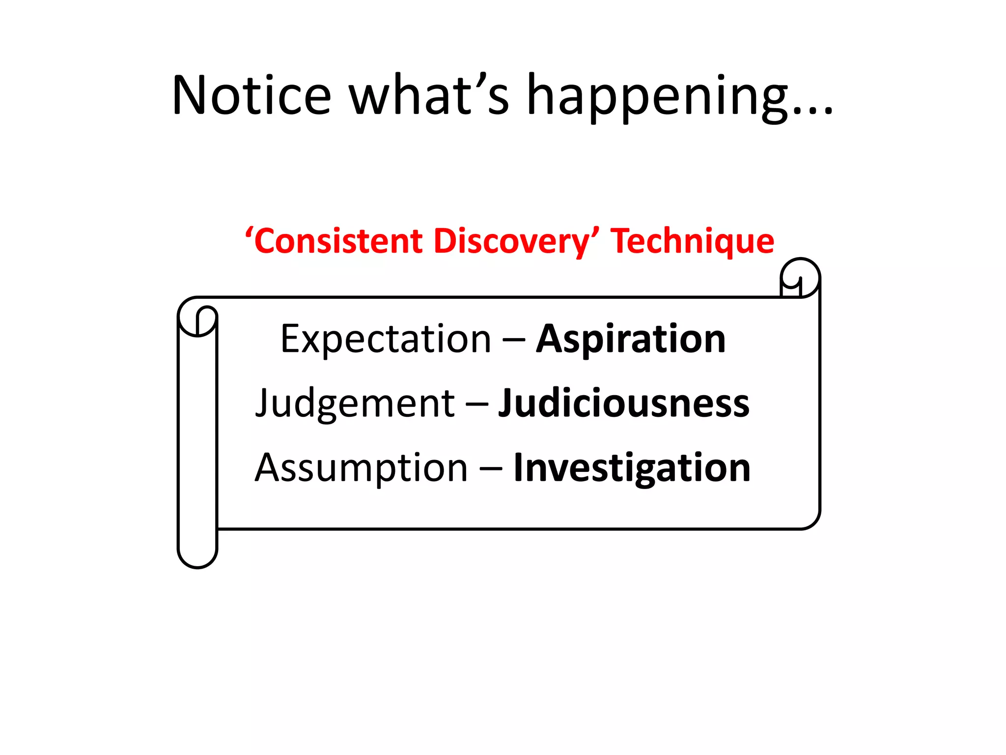 Notice what’s happening...
‘Consistent Discovery’ Technique

Expectation – Aspiration
Judgement – Judiciousness
Assumption – Investigation

 