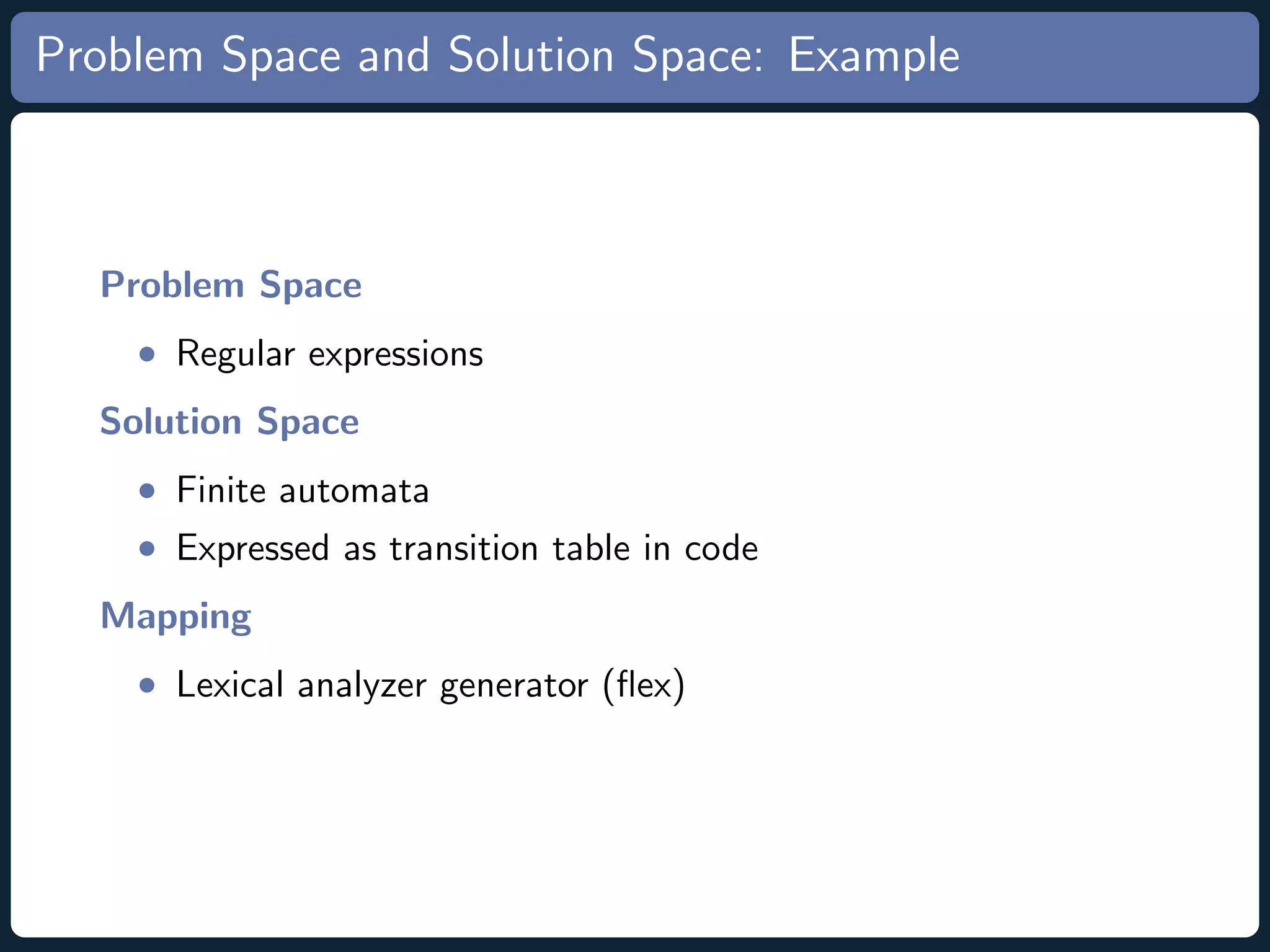 Problem Space and Solution Space: Example Problem Space • Regular expressions Solution Space • Finite automata • Expressed as transition table in code Mapping • Lexical analyzer generator (ﬂex) 