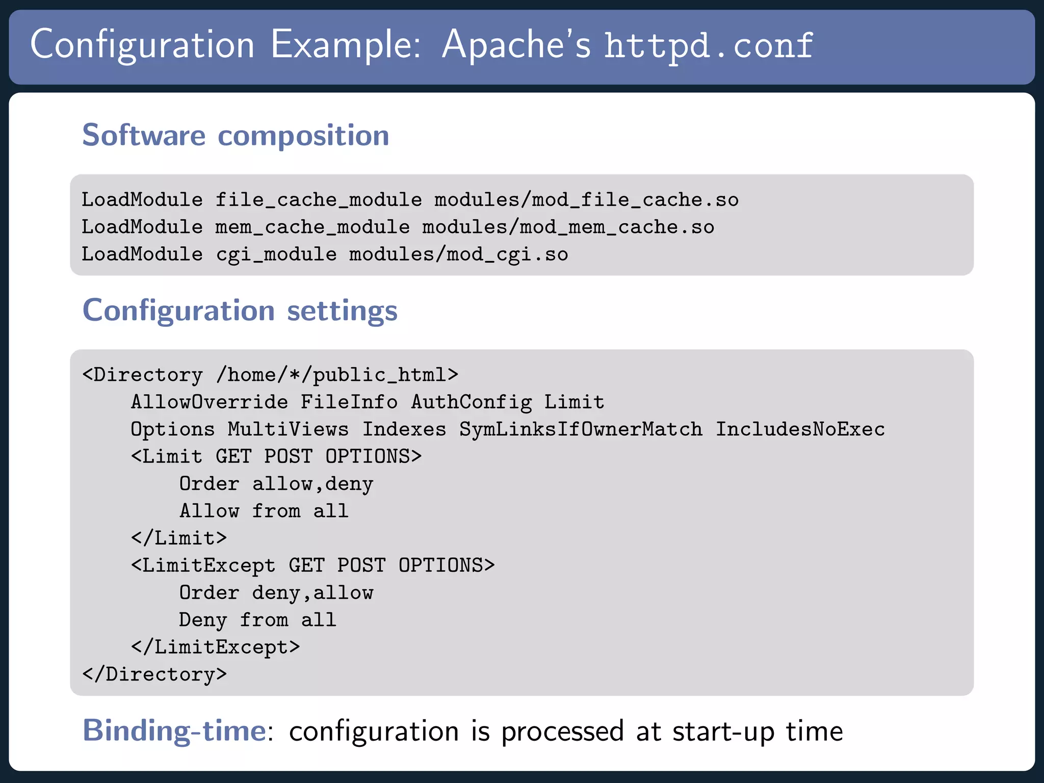Conﬁguration Example: Apache’s httpd.conf Software composition LoadModule file_cache_module modules/mod_file_cache.so LoadModule mem_cache_module modules/mod_mem_cache.so LoadModule cgi_module modules/mod_cgi.so Conﬁguration settings <Directory /home/*/public_html> AllowOverride FileInfo AuthConfig Limit Options MultiViews Indexes SymLinksIfOwnerMatch IncludesNoExec <Limit GET POST OPTIONS> Order allow,deny Allow from all </Limit> <LimitExcept GET POST OPTIONS> Order deny,allow Deny from all </LimitExcept> </Directory> Binding-time: conﬁguration is processed at start-up time 