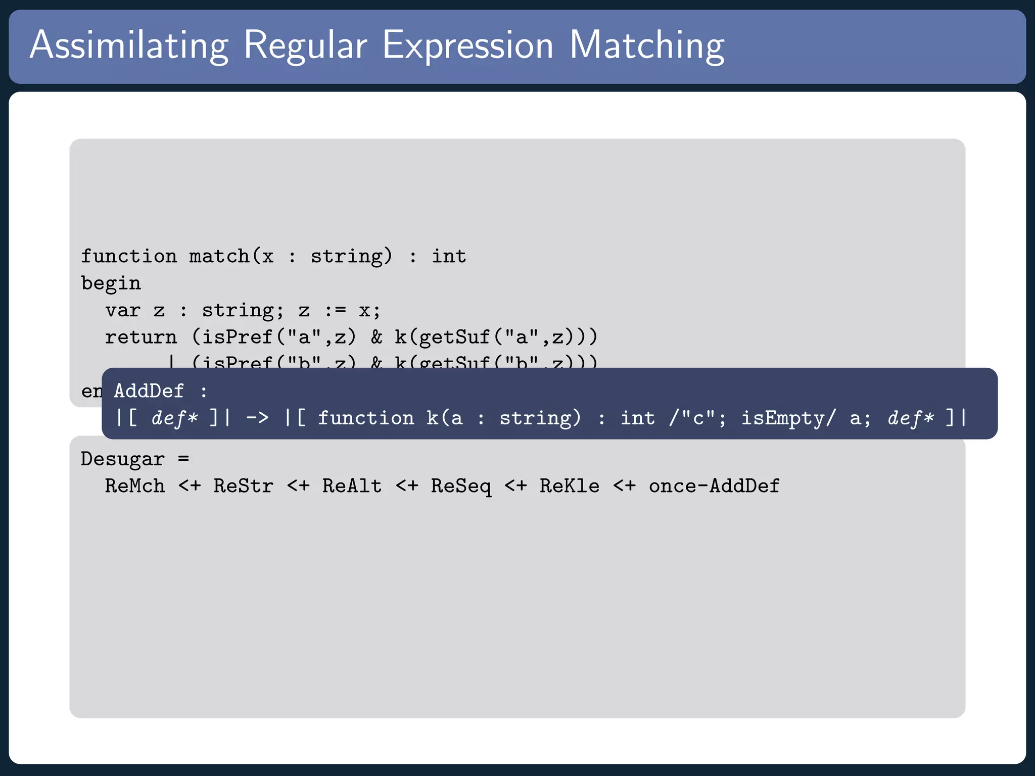 Assimilating Regular Expression Matching function match(x : string) : int begin var z : string; z := x; return (isPref(a,z) k(getSuf(a,z))) | (isPref(b,z) k(getSuf(b,z))) endAddDef : |[ def* ]| - |[ function k(a : string) : int /c; isEmpty/ a; def* ]| Desugar = ReMch + ReStr + ReAlt + ReSeq + ReKle + once-AddDef 