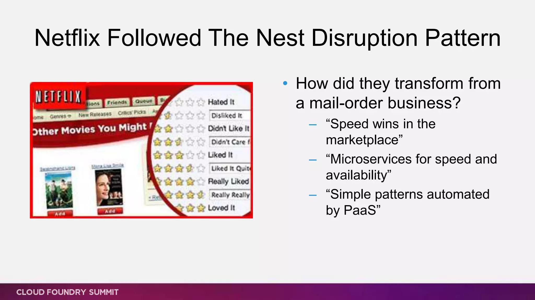 Netflix Followed The Nest Disruption Pattern
• How did they transform from
a mail-order business?
– “Speed wins in the
marketplace”
– “Microservices for speed and
availability”
– “Simple patterns automated
by PaaS”
 
