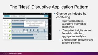 The “Nest” Disruptive Application Pattern
• Change an industry by
combining
– Highly personalized,
interactive web/mobile
experience
– “Disruptive” insights derived
from data collection,
aggregation, analytics
– Changes both consumer and
supplier patterns
 
