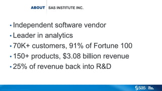 Copyr ight © 2014, SAS Institute Inc. All rights reser ved.
ABOUT SAS INSTITUTE INC.
• Independent software vendor
• Leader in analytics
• 70K+ customers, 91% of Fortune 100
• 150+ products, $3.08 billion revenue
• 25% of revenue back into R&D
 