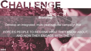 5 5
Branding:
Develop an integrated, multi-year national campaign that . . .
FORCES PEOPLE TO RETHINK WHAT THEY KNOW ABOUT,
AND HOW THEY ENGAGE WITH THE “Y”.
 