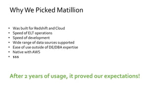 WhyWe Picked Matillion
• Was built for Redshift and Cloud
• Speed of ELT operations
• Speed of development
• Wide range of data sources supported
• Ease of use outside of DE/DBA expertise
• Native with AWS
• $$$
After 2 years of usage, it proved our expectations!
 