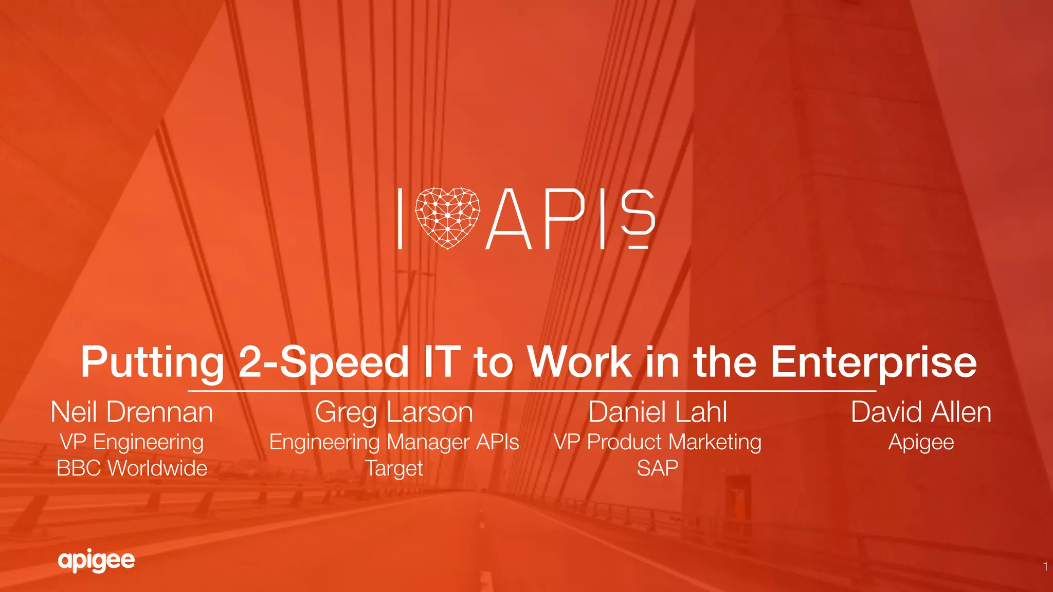 1
Putting 2-Speed IT to Work in the Enterprise!
Neil Drennan
VP Engineering
BBC Worldwide
Greg Larson
Engineering Manager APIs"
Target
Daniel Lahl
VP Product Marketing
SAP
David Allen
Apigee


 