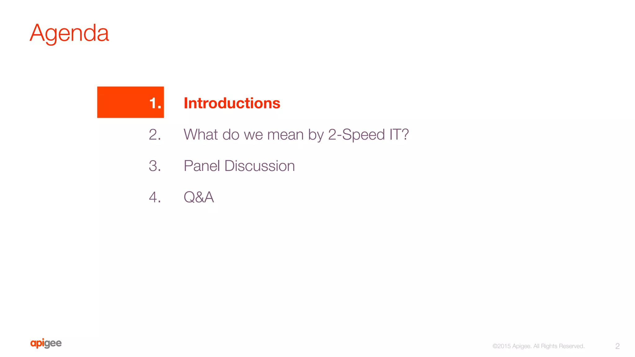 Agenda
2
1.
 Introductions
2.
 What do we mean by 2-Speed IT?
3.
 Panel Discussion
4.
 Q&A
©2015 Apigee. All Rights Reserved. 
 