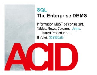 SQL
The E
Th Enterprise DBMS
          i
Information MUST b consistent.
I f     ti         be    i t t
Tables. Rows. Colum...