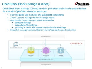 8
OpenStack Block Storage (Cinder)
OpenStack Block Storage (Cinder) provides persistent block-level storage devices
for use with OpenStack compute instances.
• Fully integrated with Compute and Dashboard components
• Allows users to manage their own storage needs
• Appropriate for performance sensitive scenarios:
• database storage
• expandable file systems
• providing a server with access to raw block level storage
• Snapshot management provides for volume/data backup and restoration
 