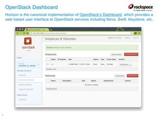 9
OpenStack Dashboard
Horizon is the canonical implementation of OpenStack’s Dashboard, which provides a
web based user interface to OpenStack services including Nova, Swift, Keystone, etc.
 