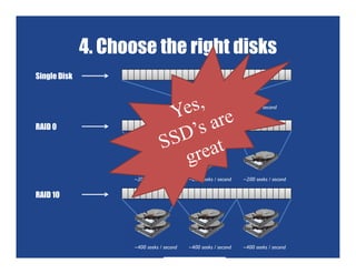 4. Choose the right disks
Single Disk


                                                                ~200 seeks / secon...