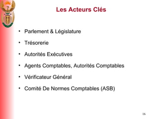 Les Acteurs Cl é s Parlement & L é gislature Tr é sorerie Autorit é s Ex é cutives Agents Comptables, Autorit é s Comptables  V é rificateur G é n é ral  Comit é  De Normes Comptables (ASB) 