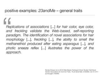positive examples: 23andMe – general traits




“
Replications of associations [...] for hair color, eye color,
and freckling validate the Web-based, self-reporting
paradigm. The identiﬁcation of novel associations for hair
morphology [...], freckling [...], the ability to smell the
methanethiol produced after eating asparagus [...], and
photic sneeze reﬂex [...] illustrates the power of the
approach.



                           Nicolas Eriksson et al. (2010) Web-Based, Participant-Driven Studies Yield Novel
                           Genetic Associations for Common Traits. PLoS Genet 6(6): e1000993. doi:10.1371/
                           journal.pgen.1000993
 