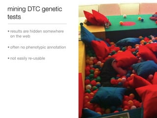 mining DTC genetic
tests

• results are hidden somewhere
  on the web

• often no phenotypic annotation

• not easily re-usable
 