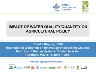 Claudia Ringler, IFPRI
International Workshop on Innovation in Modelling Coupled
Natural and Human Systems Related to Water
Tübingen, May 31 & June 1, 2017
IMPACT OF WATER QUALITY/QUANTITY ON
AGRICULTURAL POLICY
www.ifpri.org/topic/water-policy
 