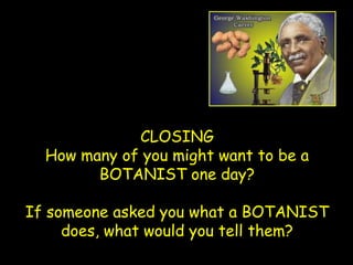 CLOSING
  How many of you might want to be a
        BOTANIST one day?

If someone asked you what a BOTANIST
     does, what would you tell them?
 