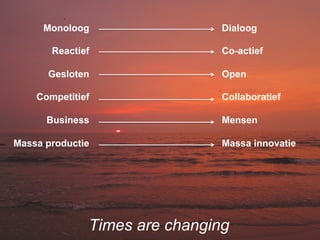 Monoloog                  Dialoog

       Reactief                Co-actief

      Gesloten                 Open

    Competitief                Collaboratief

      Business                 Mensen

Massa productie                Massa innovatie




              Times are changing
 