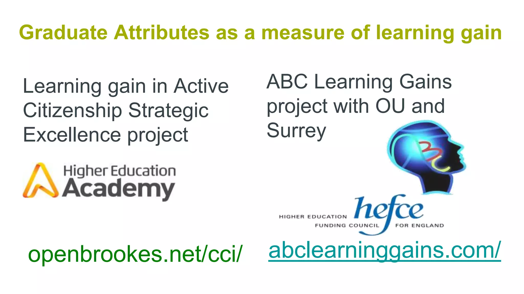 Graduate Attributes as a measure of learning gain
Learning gain in Active
Citizenship Strategic
Excellence project
ABC Learning Gains
project with OU and
Surrey
abclearninggains.com/openbrookes.net/cci/
 