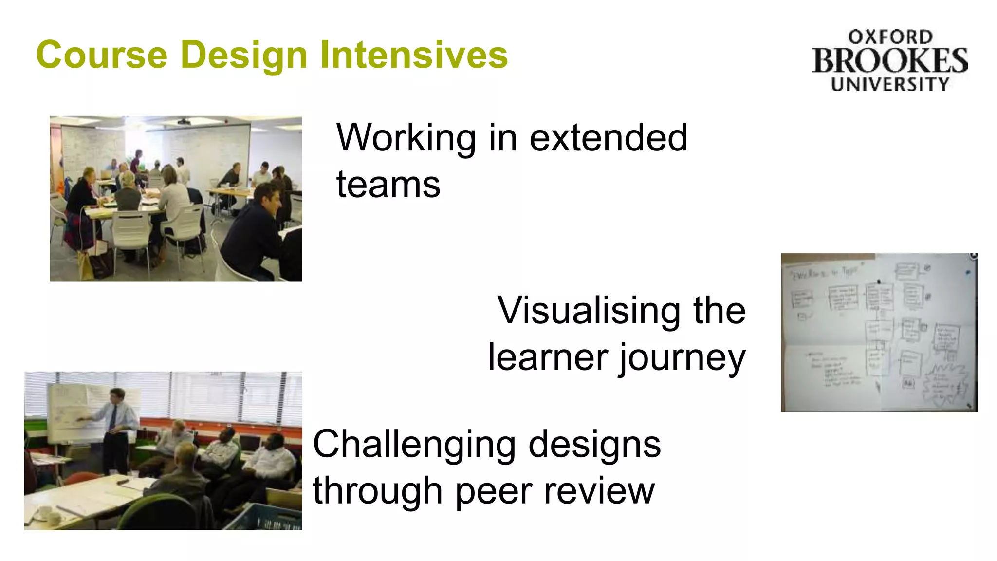 Course Design Intensives
Working in extended
teams
Visualising the
learner journey
Challenging designs
through peer review
 