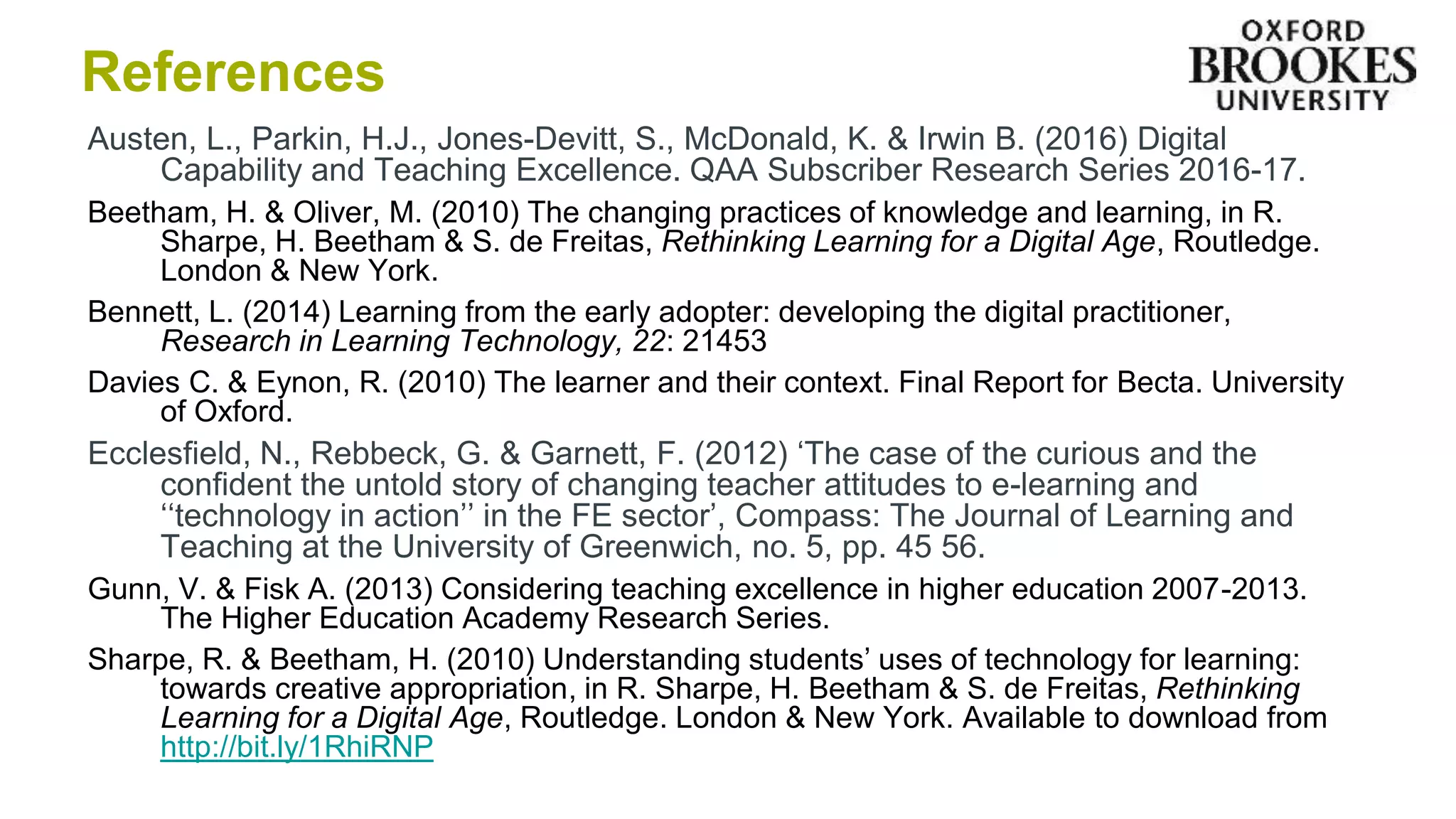 References
Austen, L., Parkin, H.J., Jones-Devitt, S., McDonald, K. & Irwin B. (2016) Digital
Capability and Teaching Excellence. QAA Subscriber Research Series 2016-17.
Beetham, H. & Oliver, M. (2010) The changing practices of knowledge and learning, in R.
Sharpe, H. Beetham & S. de Freitas, Rethinking Learning for a Digital Age, Routledge.
London & New York.
Bennett, L. (2014) Learning from the early adopter: developing the digital practitioner,
Research in Learning Technology, 22: 21453
Davies C. & Eynon, R. (2010) The learner and their context. Final Report for Becta. University
of Oxford.
Ecclesfield, N., Rebbeck, G. & Garnett, F. (2012) ‘The case of the curious and the
confident the untold story of changing teacher attitudes to e-learning and
‘‘technology in action’’ in the FE sector’, Compass: The Journal of Learning and
Teaching at the University of Greenwich, no. 5, pp. 45 56.
Gunn, V. & Fisk A. (2013) Considering teaching excellence in higher education 2007-2013.
The Higher Education Academy Research Series.
Sharpe, R. & Beetham, H. (2010) Understanding students’ uses of technology for learning:
towards creative appropriation, in R. Sharpe, H. Beetham & S. de Freitas, Rethinking
Learning for a Digital Age, Routledge. London & New York. Available to download from
http://bit.ly/1RhiRNP
 