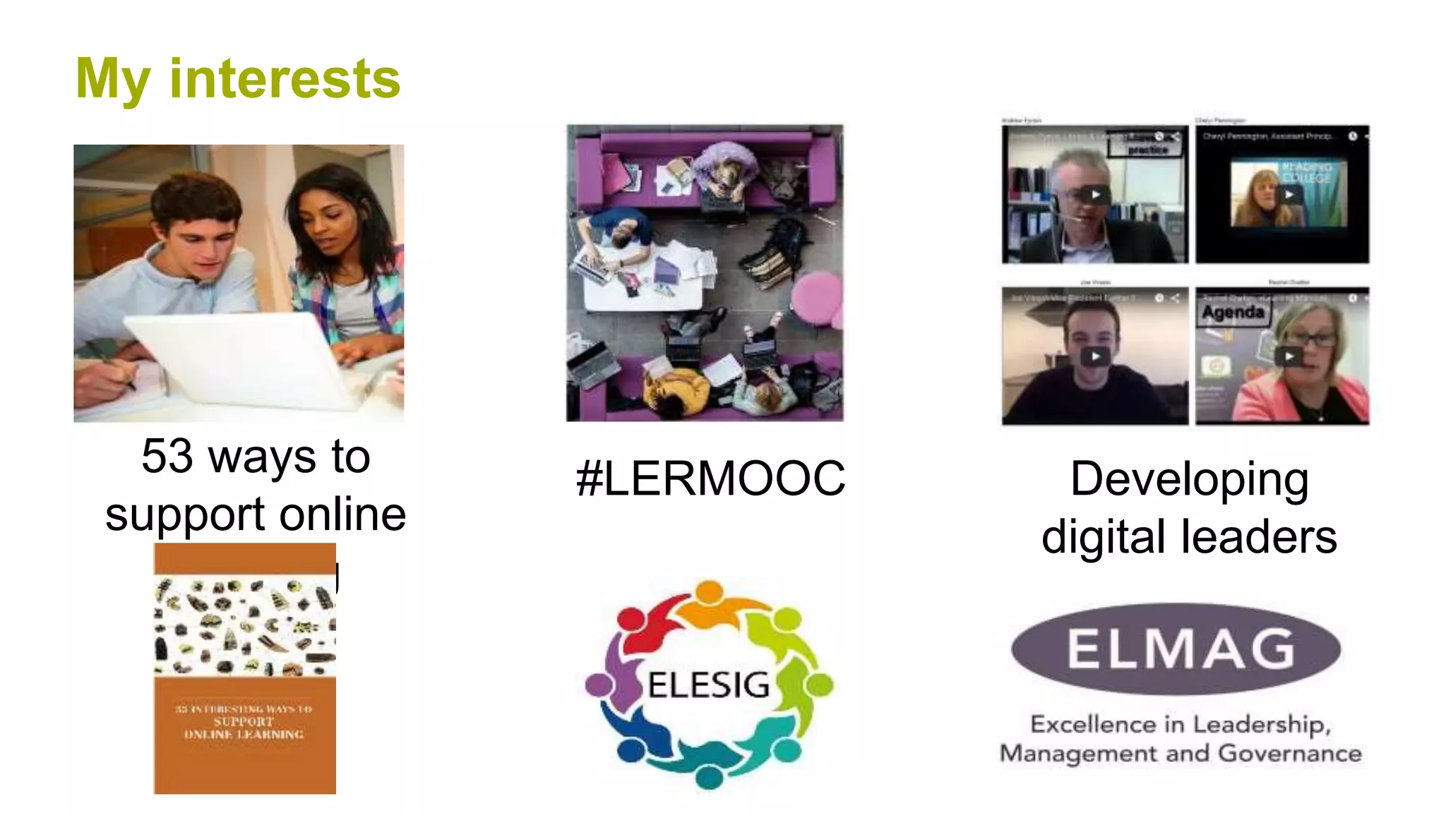 My interests
#LERMOOC53 ways to
support online
learning
Developing
digital leaders
 