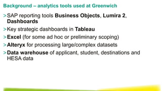 >SAP reporting tools Business Objects, Lumira 2,
Dashboards
>Key strategic dashboards in Tableau
>Excel (for some ad hoc or preliminary scoping)
>Alteryx for processing large/complex datasets
>Data warehouse of applicant, student, destinations and
HESA data
Background – analytics tools used at Greenwich
 