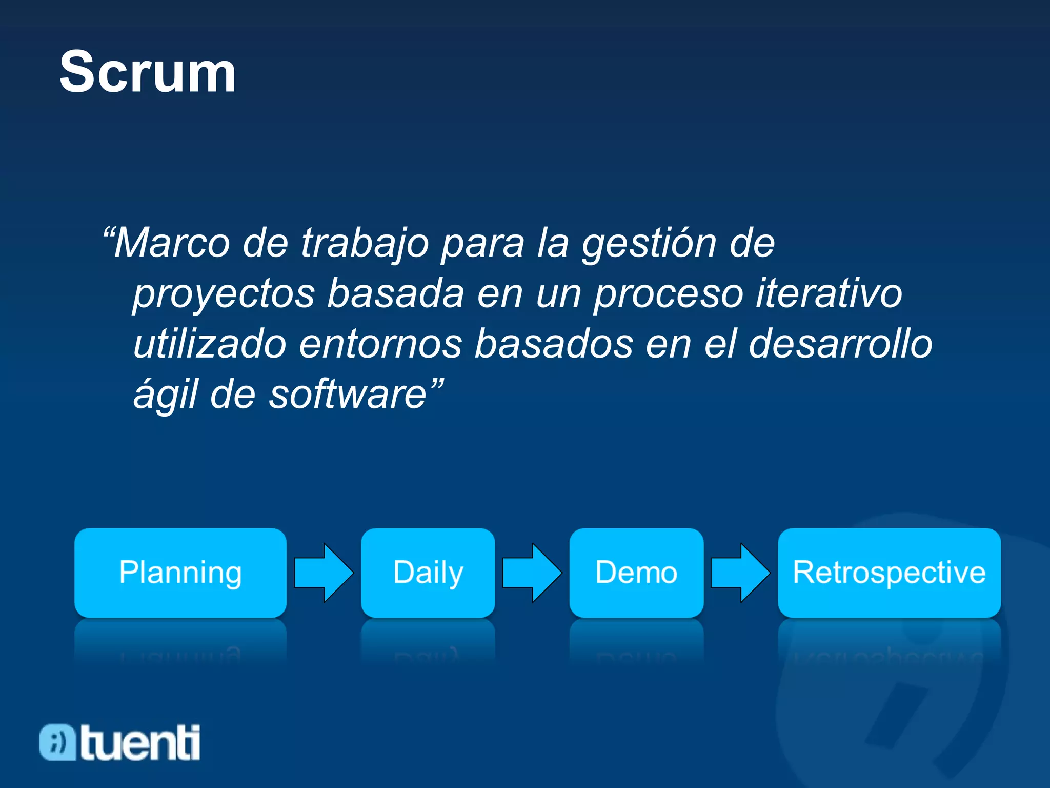Scrum “ Marco de trabajo para la gestión de proyectos basada en un proceso iterativo utilizado entornos basados en el desarrollo ágil de software ” 