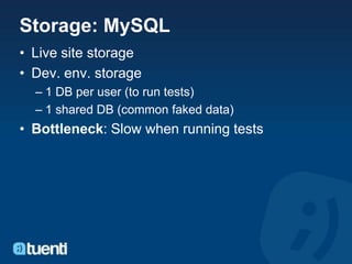 Storage: MySQL
• Live site storage
• Dev. env. storage
  – 1 DB per user (to run tests)
  – 1 shared DB (common faked data)
• Bottleneck: Slow when running tests
 