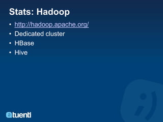 Stats: Hadoop
•   http://hadoop.apache.org/
•   Dedicated cluster
•   HBase
•   Hive
 