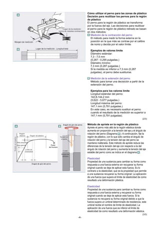 Cómo utilizar el perno para las zonas de plástico
Decisión para reutilizar los pernos para la región
de plástico
El perno para la región de plástico se transforma
por la fuerza del eje. Las decisiones para reutilizar
el perno para la región de plástico retirado se basan
en dos métodos:
Medición de la contracción del perno
El método para medir la forma externa en la
posición en la que más se contrae por el calibre
de nonio y decida por el valor límite.
Ejemplos de valores límite
Diámetro estándar:
7,3 - 7,5 mm
(0,287 - 0,295 pulgadas.)
Diámetro mínimo:
7,3 mm (0,287 pulgadas.)
Si la medida es inferior a 7,3 mm (0,287
pulgadas), el perno debe sustituirse.
Medición de la extensión del perno
Método para tomar una decisición a partir de la
extensión del perno.
Ejemplos para los valores límite
Longitud estándar del perno:
142,8-144,2 mm
(5,622 - 5,677 pulgadas.)
Longitud máxima del perno:
147,1 mm (5,791 pulgadas.)
En este caso, es necesario sustituir el perno
cuando el resultado de la medición es superior a
147,1 mm (5,791 pulgadas).
(2/3)

Método de apriete en la región de plástico
Apriete el perno más allá de la región elástica donde
aumenta en proporción a la tensión del eje y el ángulo de
rotación del perno (Diagrama ). A continuación, fije la
región de plástico, con lo que sólo cambia el ángulo de
rotación del perno y la tensión del eje del perno se
mantiene inalterada. Este método de apriete reduce las
diferencias de la tensión del eje con respecto a la del
ángulo de rotación del perno y aumenta la tensión del eje
estable del perno como se indica en el diagrama .
Plasticidad
Propiedad de una sustancia para cambiar su forma como
respuesta a una fuerza externa sin recuperar su forma
original cuando se deja de aplicar esta fuerza. Es lo
contrario a la elasticidad, que es la propiedad que permite
a una sustancia recuperar su forma original. La aplicación
de una fuerza que supera el límite de elasticidad da como
resultado una deformación plástica.
Elasticidad
Propiedad de una sustancia para cambiar su forma como
respuesta a una fuerza externa y recuperar su forma
original cuando se deja de aplicar esta fuerza. Si la
sustancia no recupera su forma original debido a que la
fuerza supera un umbral determinado de resistencia, este
umbral recibe el nombre de límite de elasticidad. La
aplicación de una fuerza que es inferior al límite de
elasticidad da como resultado una deformación elástica.
(3/3)

-4-

 