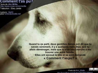 Quand tu es parti, deux gentilles dames ont dit que tu savais sûrement, il y a quelques mois déjà, que tu allais déménager, mais que tu n'as pas cherché à me trouver une autre famille.  Elles ont secoué la tête et se sont demandé  « Comment t'as pu? » 