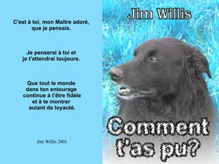 C'est à toi, mon Maître adoré,  que je pensais.  Je penserai à toi et  je t'attendrai toujours.  Que tout le monde  dans ton entourage  continue à t'être fidèle et à te montrer  autant de loyauté. Jim Willis 2001 