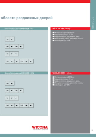 области раздвижных дверей




                                                                                WICSLIDE
 Способ открывания WICSLIDE 24E    WICSLIDE 24E - обзор

                                   I   Монтажная ширина 92/50 мм
                                   I   Раздвижная створка 34 мм
                                   I   Раздвижное окно, раздвижная дверь
                                   I   Облицовочная рама в две или три полосы
                                   I   Вес створки – до 120 кг




 Способ открывания WICSLIDE 24EN   WICSLIDE 24EN - обзор

                                   I   Монтажная ширина 92/50 мм
                                   I   Раздвижная створка 34 мм
                                   I   Раздвижное окно, раздвижная дверь
                                   I   Облицовочная рама в две или три полосы
                                   I   Вес створки – до 120 кг




                                                                                19
 