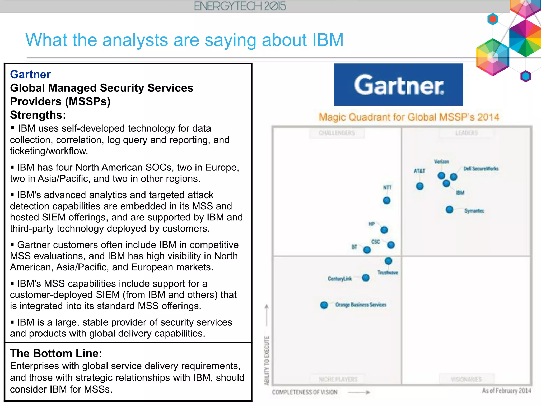 What the analysts are saying about IBM
Gartner
Global Managed Security Services
Providers (MSSPs)
Strengths:
 IBM uses self-developed technology for data
collection, correlation, log query and reporting, and
ticketing/workflow.
 IBM has four North American SOCs, two in Europe,
two in Asia/Pacific, and two in other regions.
 IBM's advanced analytics and targeted attack
detection capabilities are embedded in its MSS and
hosted SIEM offerings, and are supported by IBM and
third-party technology deployed by customers.
 Gartner customers often include IBM in competitive
MSS evaluations, and IBM has high visibility in North
American, Asia/Pacific, and European markets.
 IBM's MSS capabilities include support for a
customer-deployed SIEM (from IBM and others) that
is integrated into its standard MSS offerings.
 IBM is a large, stable provider of security services
and products with global delivery capabilities.
The Bottom Line:
Enterprises with global service delivery requirements,
and those with strategic relationships with IBM, should
consider IBM for MSSs.
 